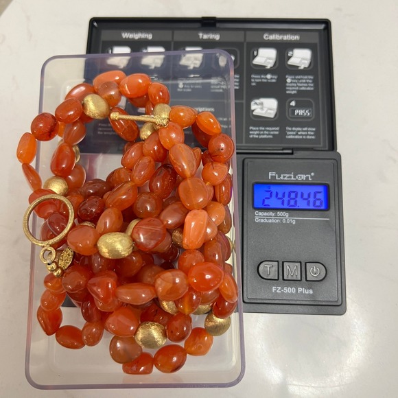 Vtg Carnelian Bead Necklace Gold Tone Brass Toggle Long Statement Boho - Picture 8 of 9